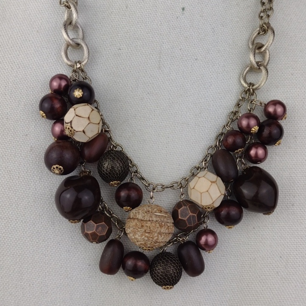 Statement Cluster Bead Necklace in Brown and Cream & Silver